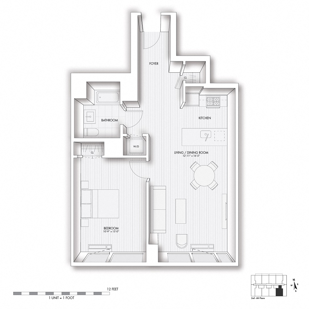Floor plan for 1 bed, 1 bath, 723 sqft